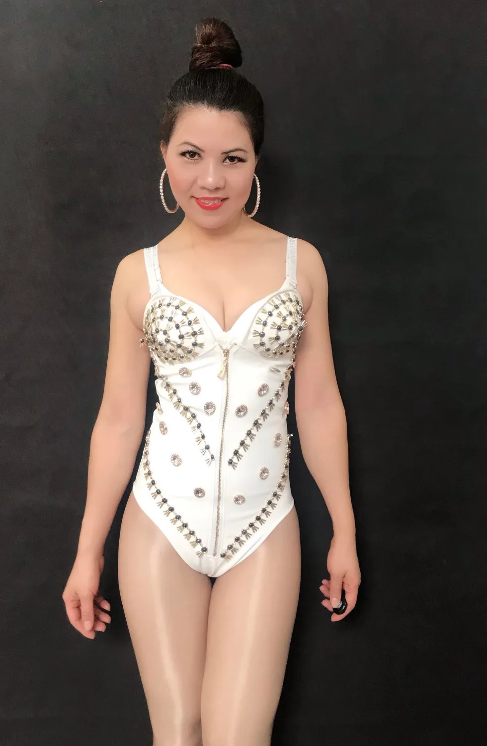 White Black PU Leather Bodysuit Sexy High stretch Leotard Catsuit Bar DJ singer Costume Leading dancer pole dance stage Outfit