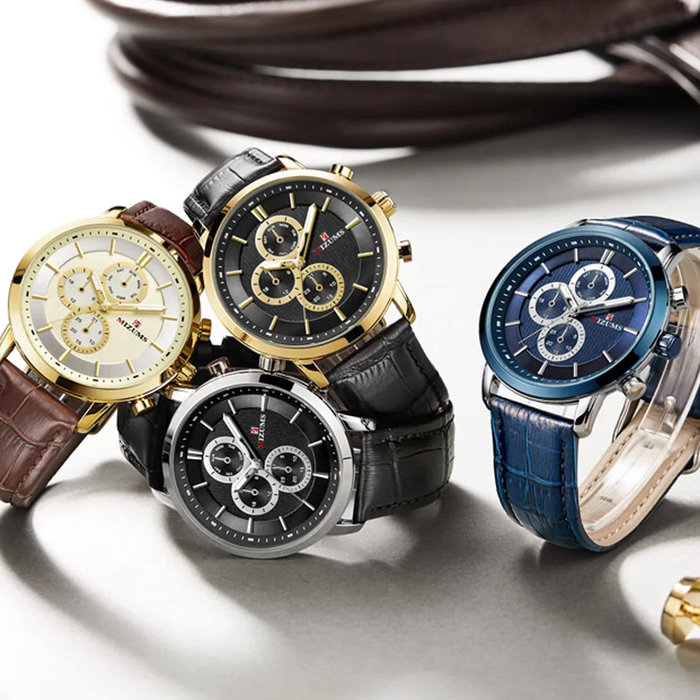 Дизайнерские мужские часы деловые наручные роскошный бренд Mizums кожаный ремешок