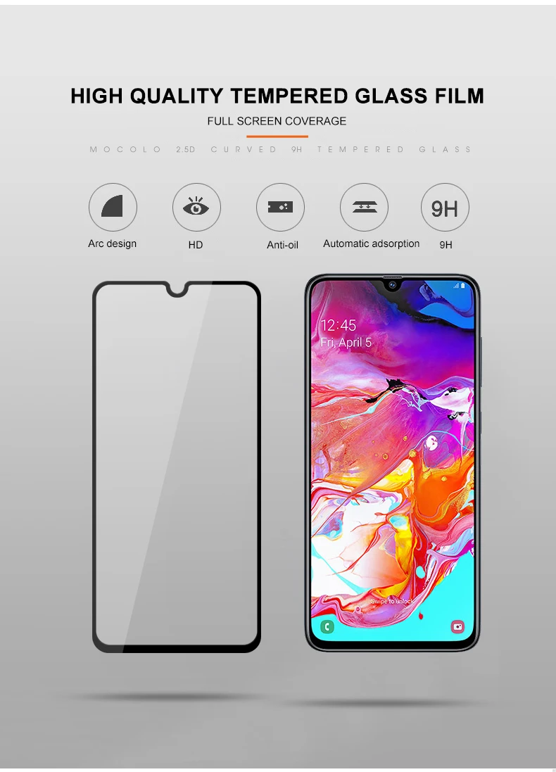 for Samsung A30 Screen Protector Mocolo Full Cover Full Glued Adhesive Tempered Glass film for Samsung A50 A70 Screen Protector