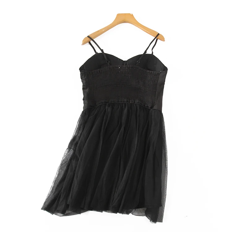 Summer New Women's Sexy Simple V-neck Sling with Chest Pad Splicing Mesh Dress | Женская одежда