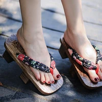 womens cosplay shoes double heel carboned wood sandal traditional japan geta beautiful floral prints flip flopsslippers
