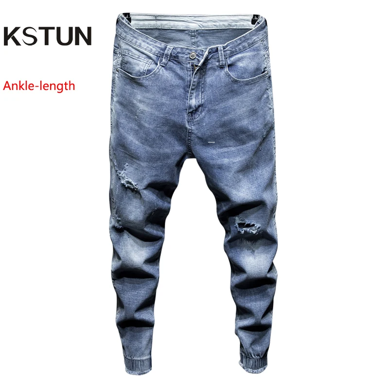 2019 Для мужчин джинсы Slim Fit Light Blue Эластичный выдалбливают разорвал ноги Jogger Брюки