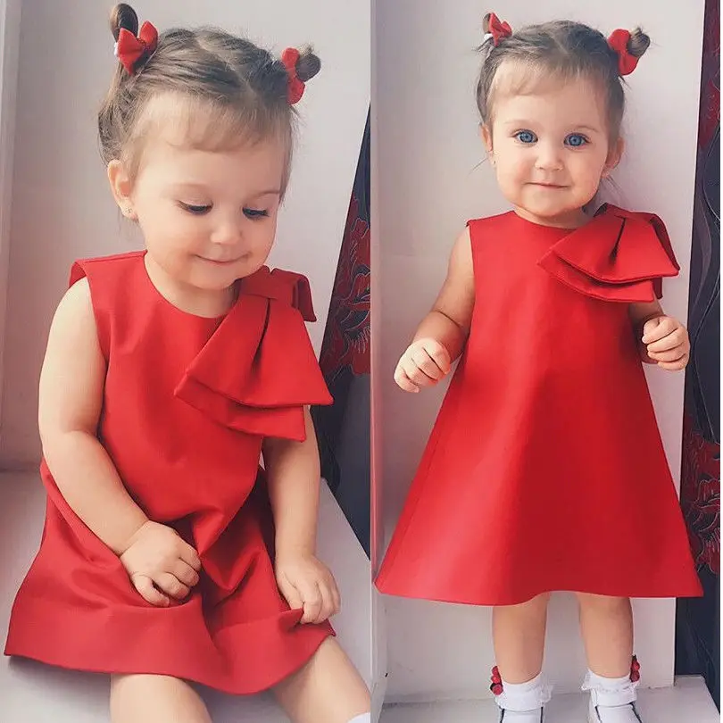 2018 Newly Summer Princess Fashion Toddler Baby Girls Dress Sleeveless Bow Red A-Line Knee-Length Sundress 1-6Y | Детская одежда и