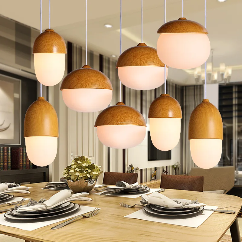 Creative Imitation Wood Nut Pendant Lamp Light Modern Glass Iron Suspension Ceiling Hanging E27 Luminaire Lighting Fixture | Лампы и