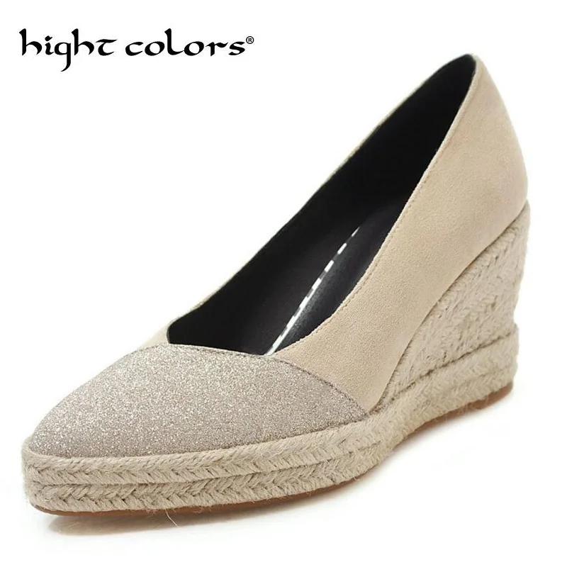 

Women Shoes Wedges Heel Platform Pointed Toe All Match Platform Flock Sequin stitching Spring/autumn Ladies Pumps Size 34-43