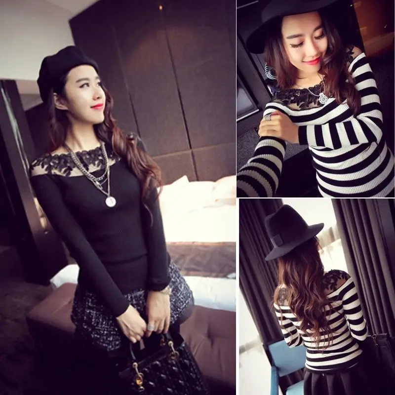 2017 Женщин Футболки Стрейч Цветочные Кружева Лоскутная О Шеи Длинным Рукавом Slim Fit