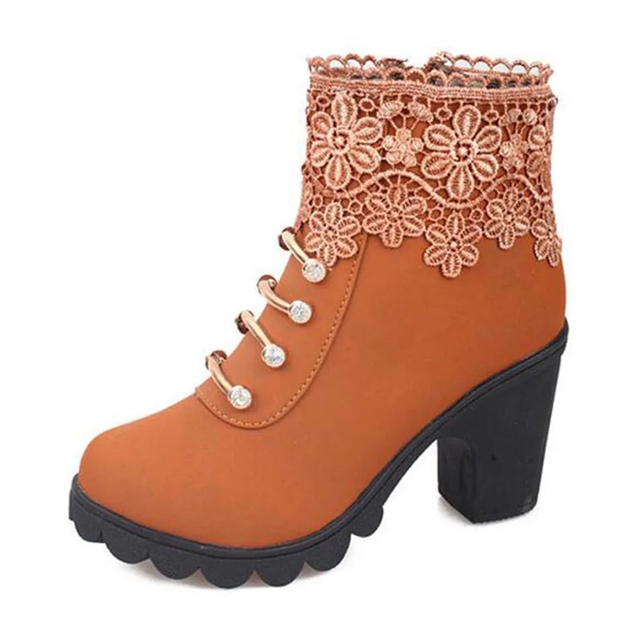 Brown Women Boots Ankle High Heels Thick Bottom Shoes New British Style Lace Rhinestone PU Woman | Обувь