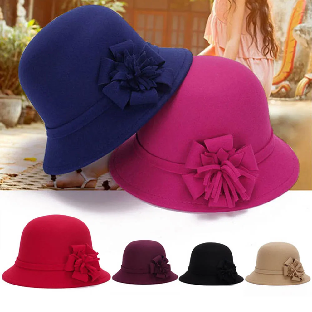 Лидер продаж Женская винтажная фетровая шляпа из искусственной шерсти с цветами