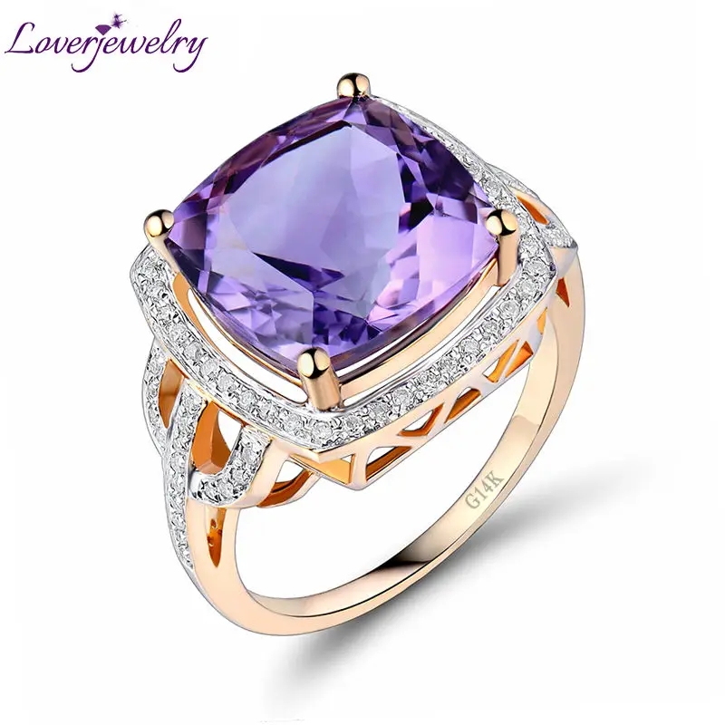 

LOVERJEWELRY Amethyst Rings Cushion 12x12mm Gemstone Solid 14Kt Yellow Gold Diamond Purple Amethyst Engagement Ring For Women