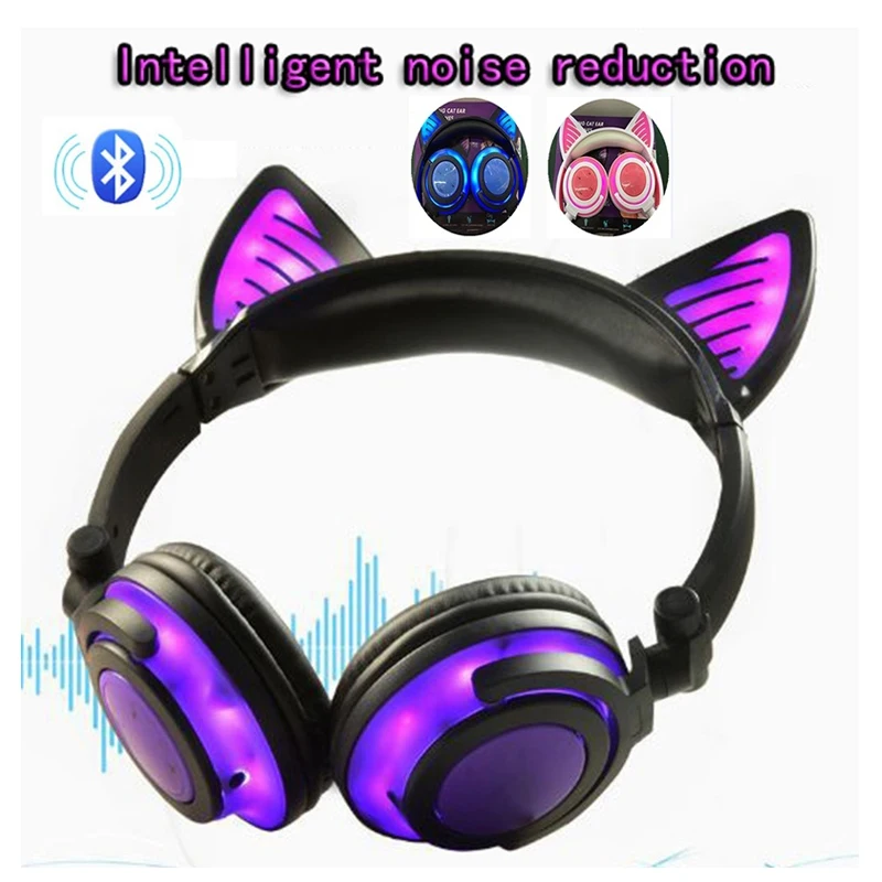Беспроводные наушники с кошачьими ушками, bluetooth-наушники, микрофон, мигающая светящаяся гарнитура, светодиодный светильник для ПК, ноутбука, детские наушники