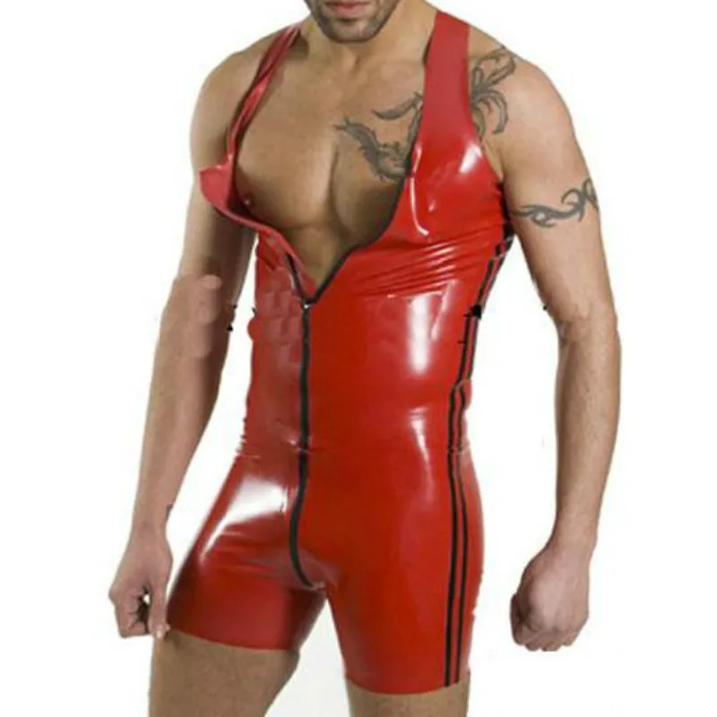 

New Gay Men Costume Apparel Suit Men Wet Look Lingerie Red PVC Faux Leather Shorts Black Stripe Dew Shoulder Tight Jumpsuits