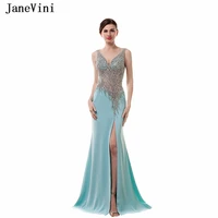 janevini sexy high split crystal beaded long bridesmaid dresses v neck mermaid satin plus size african girls pageant prom gowns