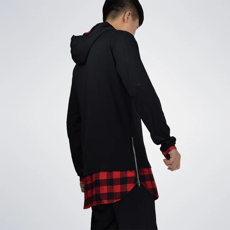 Moomphya Fall plaid patchwork hoodies Full sleeve side zip curve hem hooded sweatshirt hip hop streetwear men|hoodies men|streetwear hoodiesweatshirt