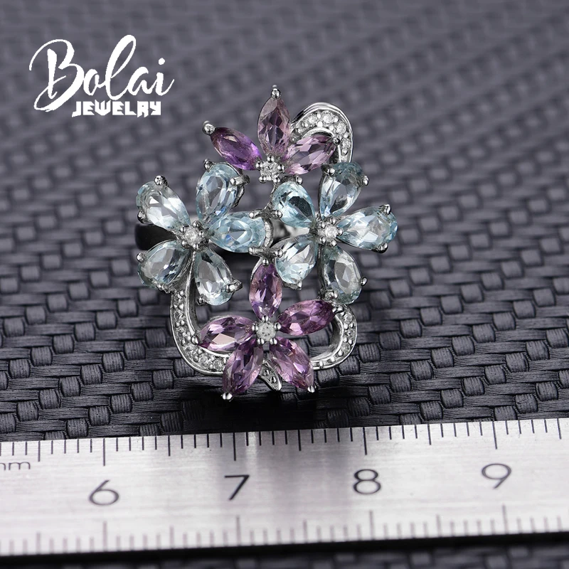 Bolaijewelry цветок и листья натуральный аметист или кольцо с голубым топазом в 925