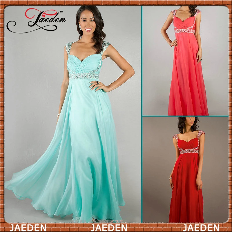 HE011 Hot Sale Cap Sleeve A-line Floor Length Empire Jeweled Cheap Long Prom Evening Dress 2014 Free Shipping | Свадьбы и торжества