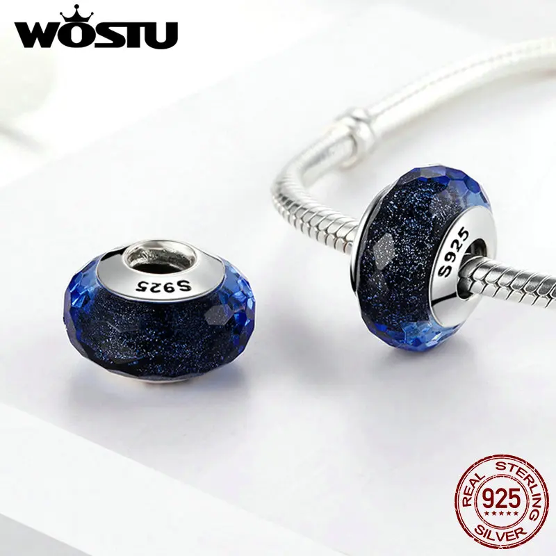 WOSTU новый 925 пробы Серебряный завораживающий черный муранский стеклянный бисер