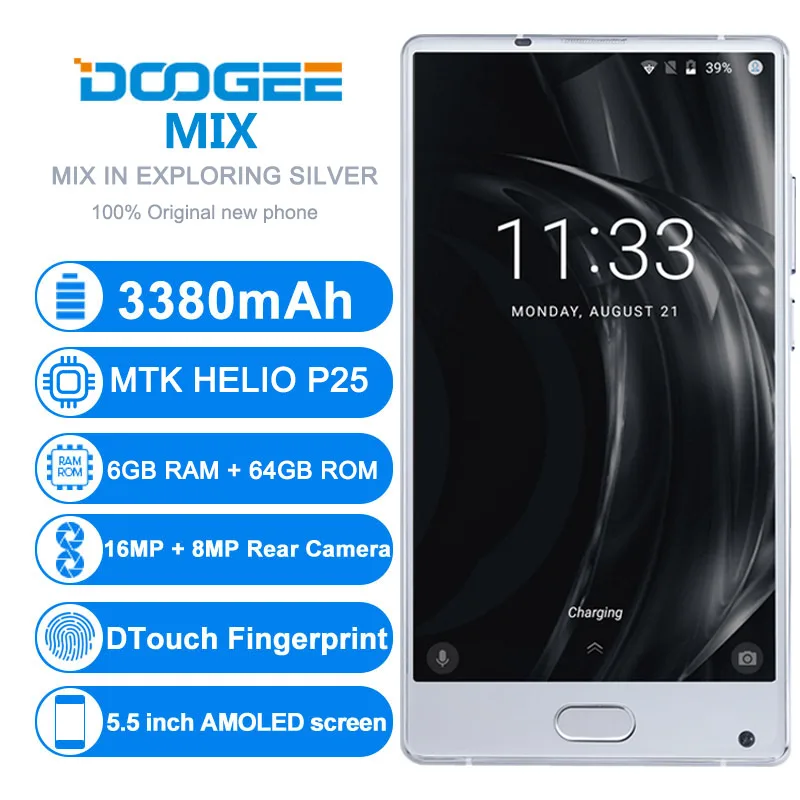 DOOGEE MIX Безель без зеркала Серебряный смартфон Двойная камера 5 ''AMOLED MTK Helio P25