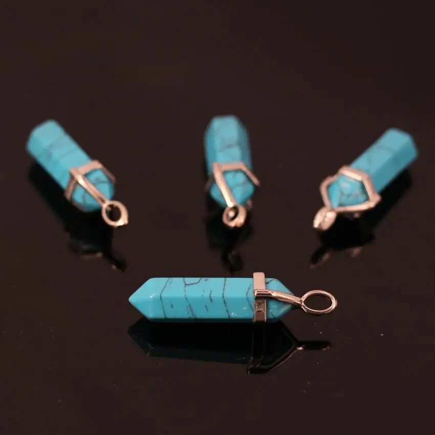 

10pcs/lot Blue Turq uoise Hexagon Point Pendant Beads With Sliver Plated Pendant Faceted Turq uoise double point beads Pendant