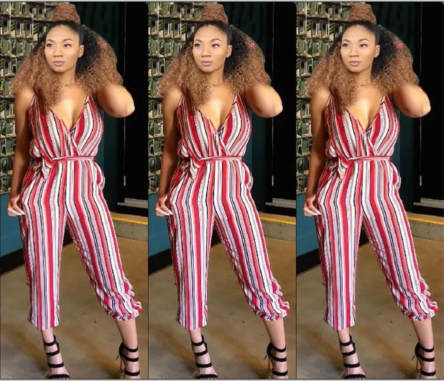 Европейская и американская мода сексуальный Полосатый печати Глубокий V