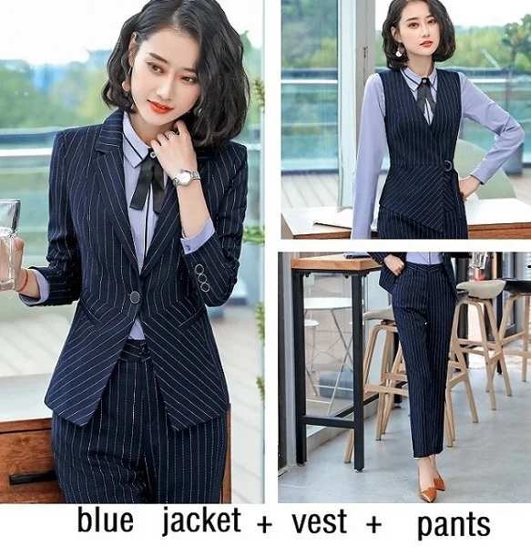 blue pants set ACRMRAC, женские костюмы, тонкая полосатая куртка, штаны, OL, деловые, формальные, женские брюки, костюмы, женский комплект, костюмы - Цвет: blue pants set