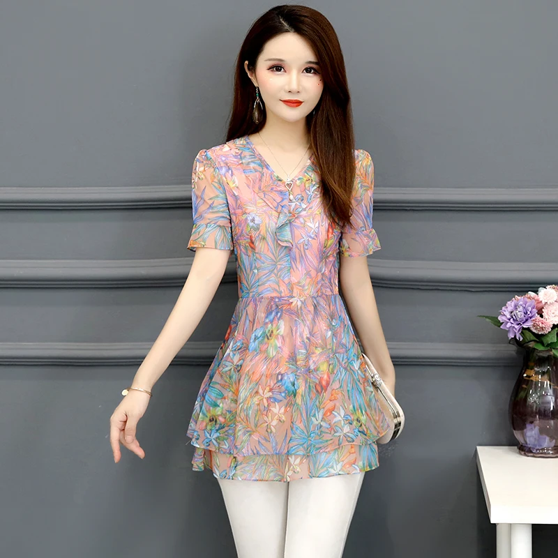 Chiffon Blouse Shirts Women Summer Flare Sleeve Cute Sweet Office Lady Work Floral Printed Tunic Peplum Top J36 | Женская одежда