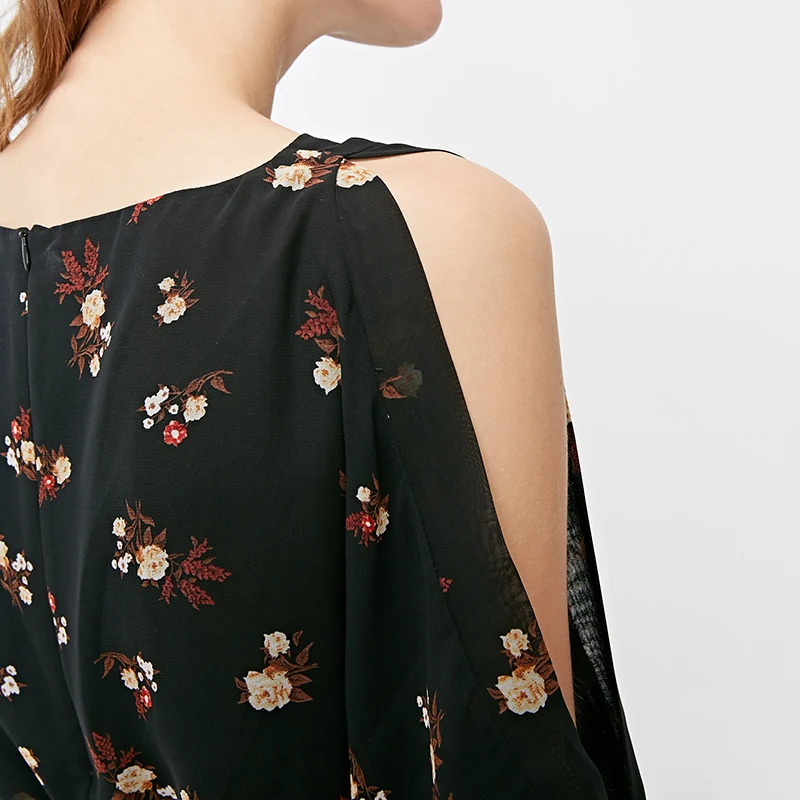 Vero Moda New Women's Round Neckline Off-the-shoulder Lace-up Cuffs Printed Jumpsuit | 318378506