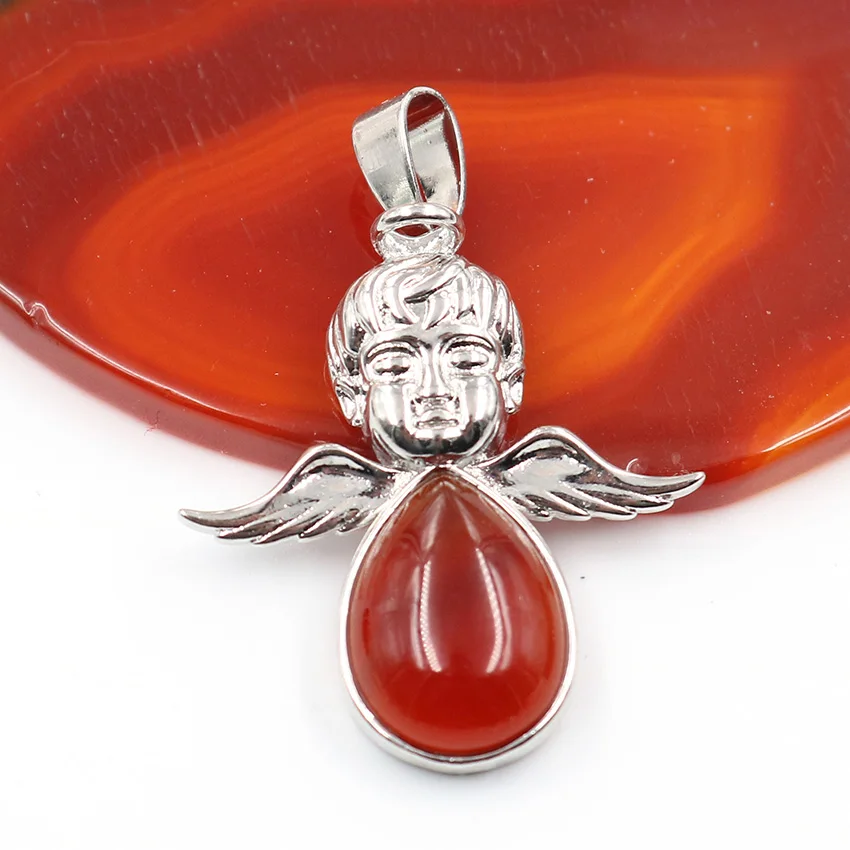 Red Agates Xinshangmie 1 шт. натуральный камень Крылья ангела кулон посеребренный патрон Святого мальчика Кристалл кварц Подвеска капля для ожерелья - Окраска металла: Red Agates