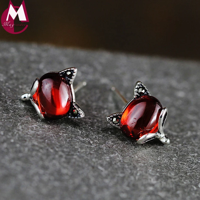 Женские серьги гвоздики в богемном стиле с красным гранатом|stud earrings|earrings