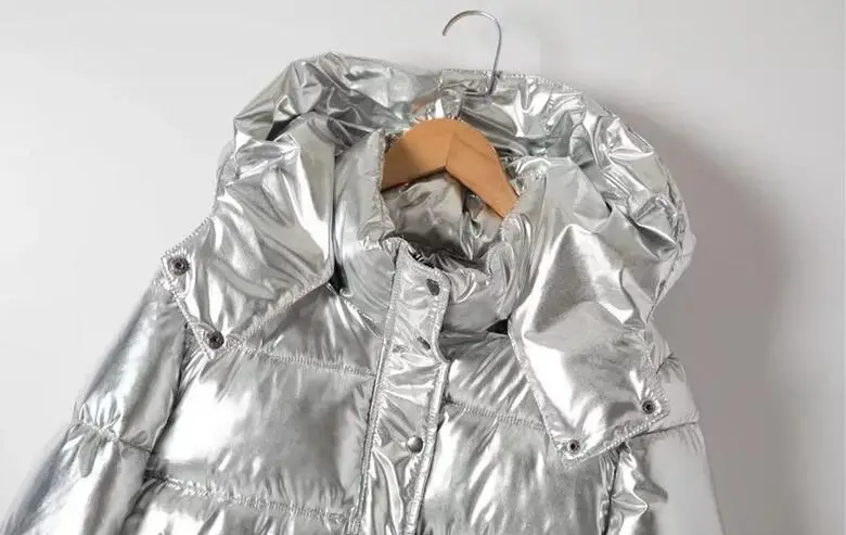 Женские зимние куртки, короткое теплое пальто, серебристый металлический цвет, стильный стиль, Женская парка winterjas dames abrigos mujer invierno