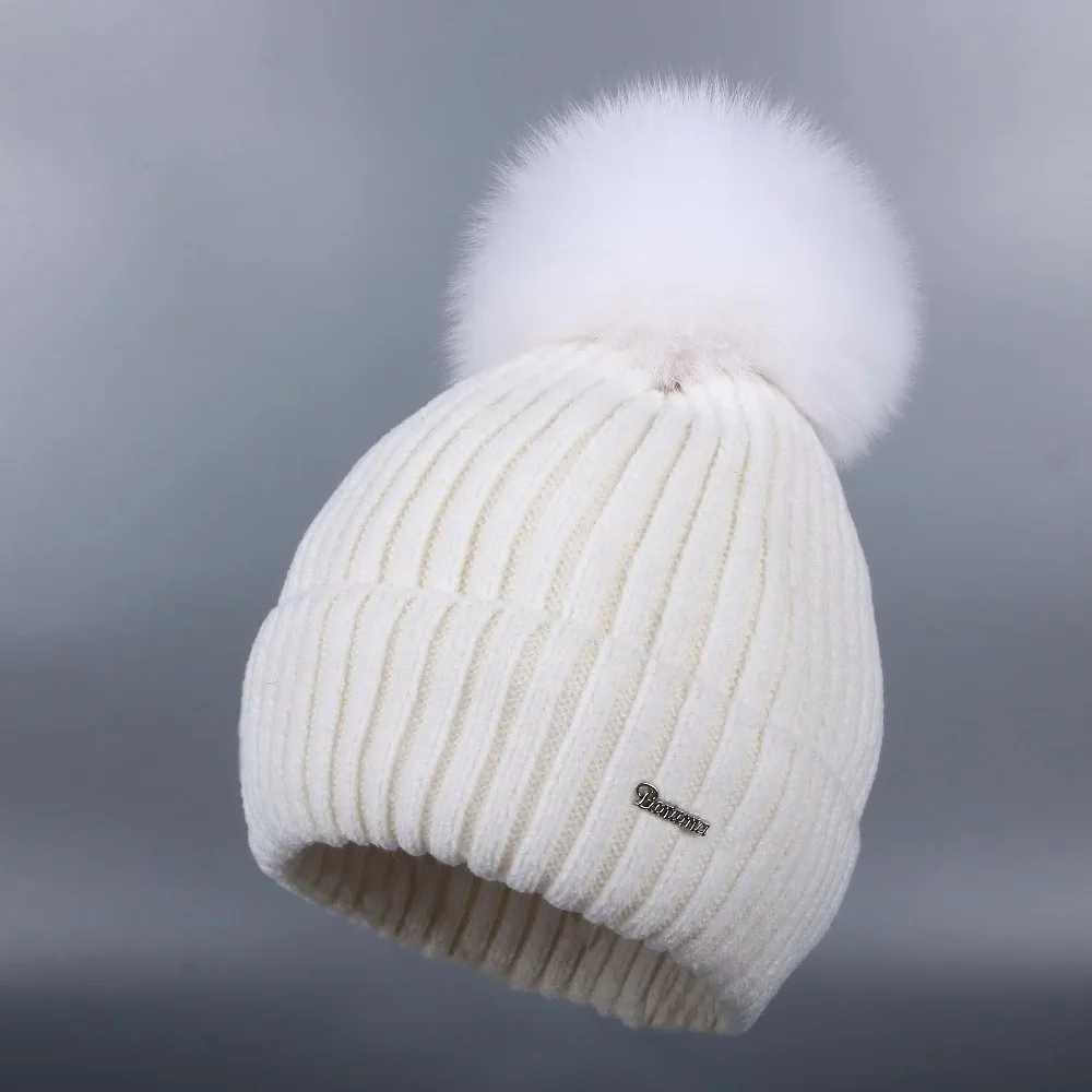 women new Chenille beanies real fox pompons winter hats soft yarn high quality warmer knitted striped woman girl skullies gorros |