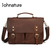 johnature 2021 new men handbag business satchels genuine leather leisure soft cowhide shoulder messenger bags mens briefcase