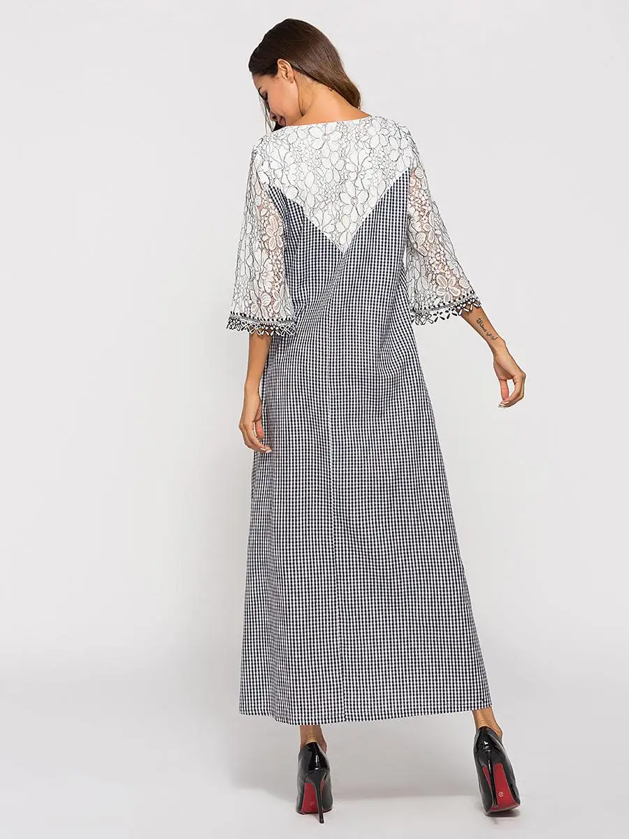 Muslim Women Long Maxi Dress A-line Plaid Lace Patchwork 3/4 Sleeve Abaya Gown Summer O-neck Islamic Clothing Arab | Тематическая