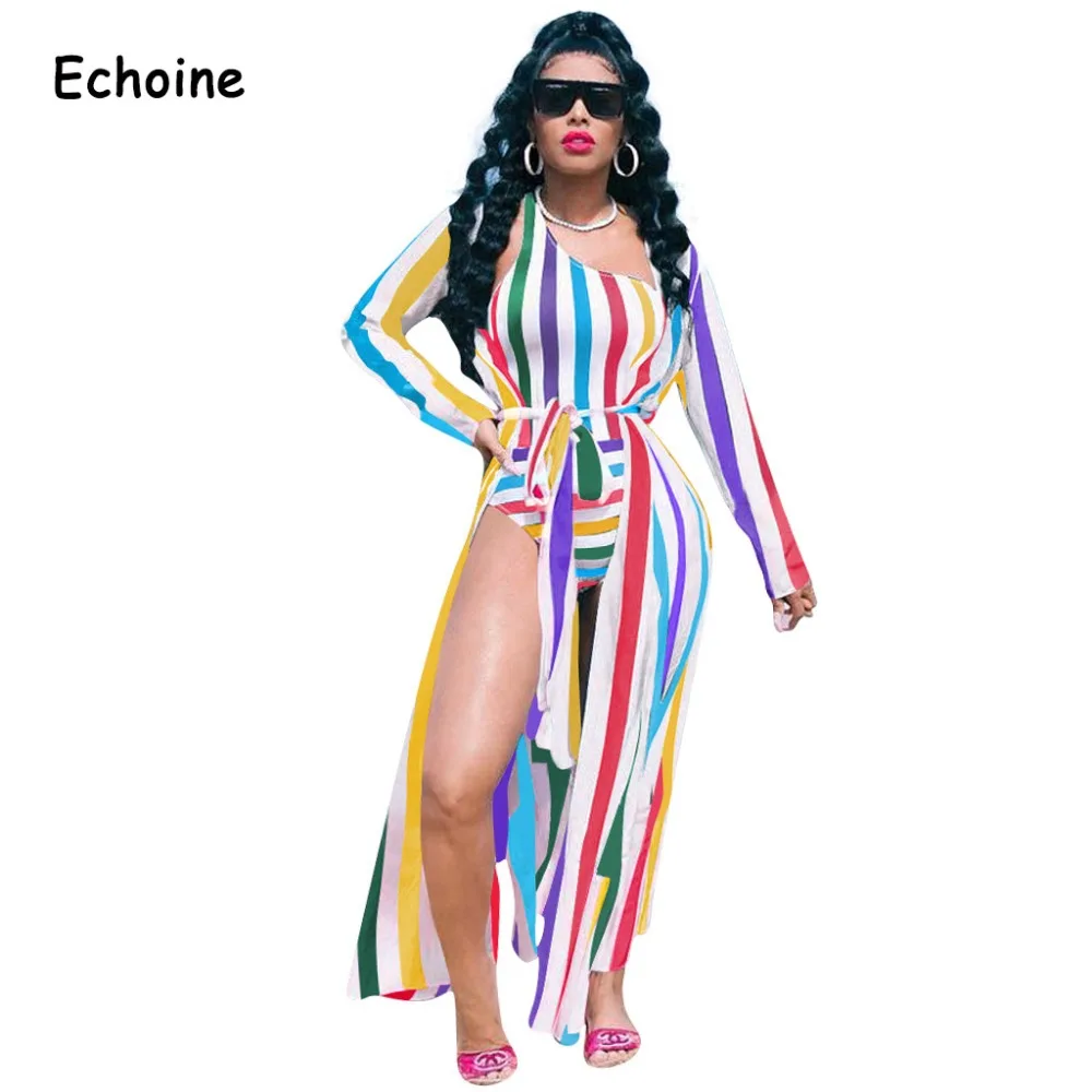 Echoine купальник комплект из 2 предметов Полосатый боди на одно плечо + длинный плащ