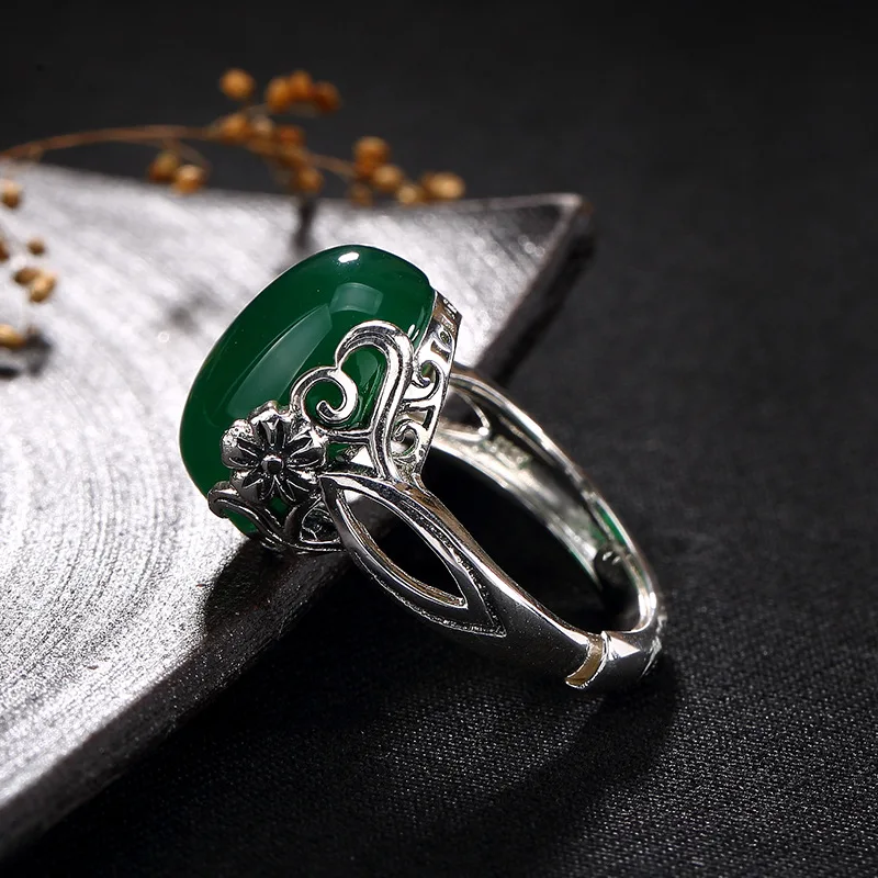 

Стерлингового серебра Античный Зеленый Халцедон инкрустированные сливы кольцо высокого класса открытым стерлингового серебра кольца опт...