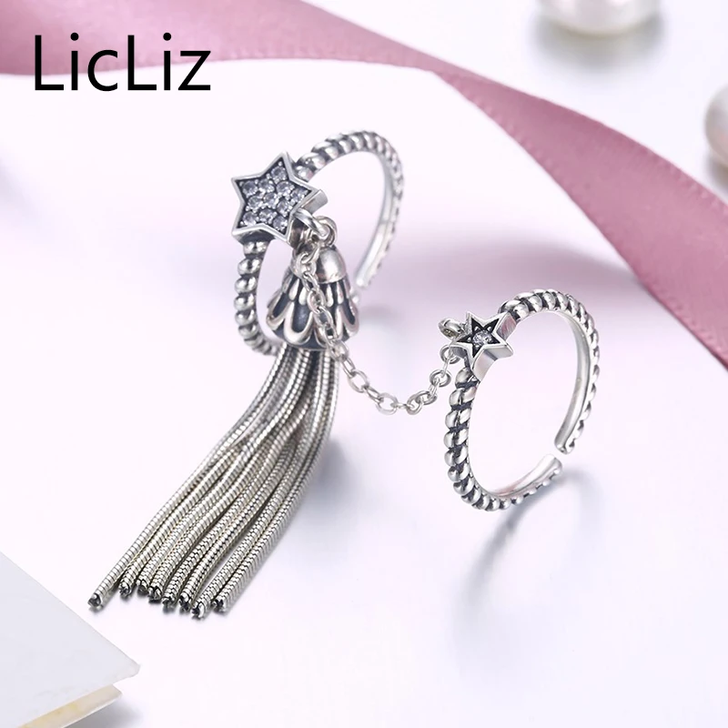 LicLiz, 925 пробы, серебряное, проложенное, CZ, кристалл, пентаграмма, звезда, регулируемое кольцо для женщин, палец, Двойная Цепочка, кольцо с длинной кисточкой LR0634