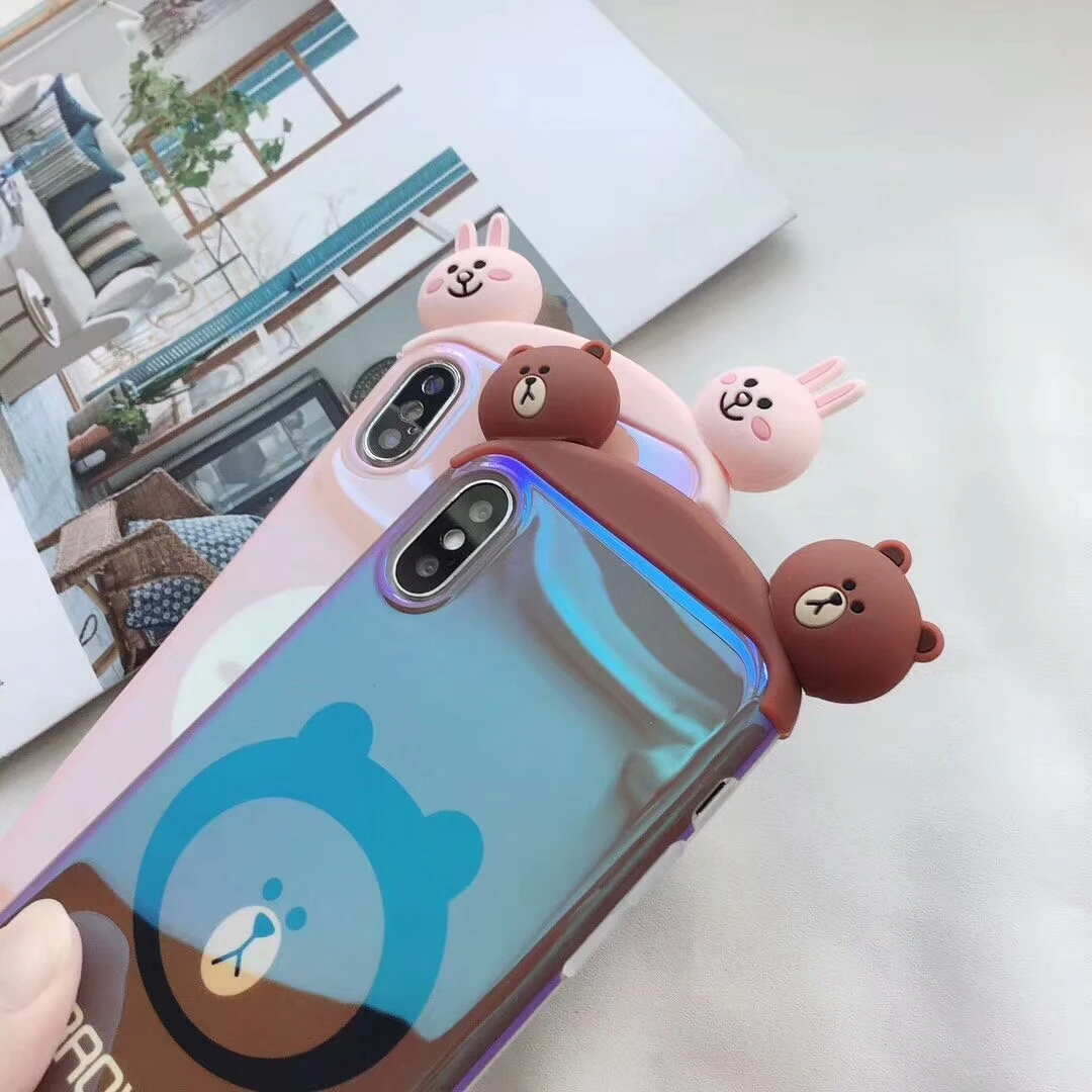 Blu-ray Brown Bear Cony Rabbit Case for iPhone X XS Max XR Removable Double-Headed Doll Soft Cover For 8 7 6s 6 Plus |