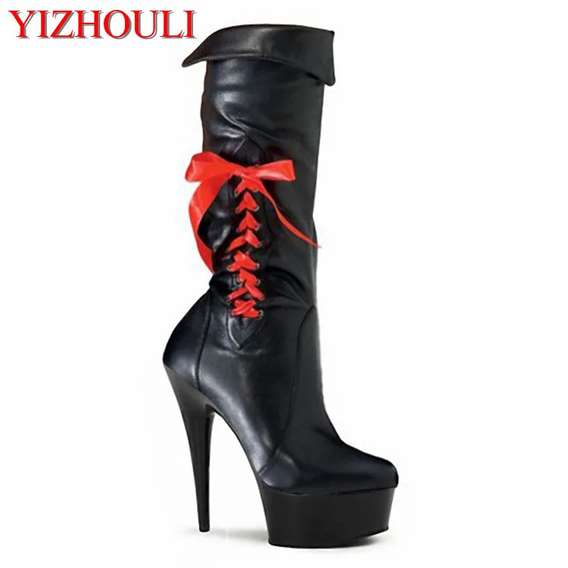 Tall leather boots black bowknot patent leather drum sexy stretch boots, 15CM ultra high heel knee boots