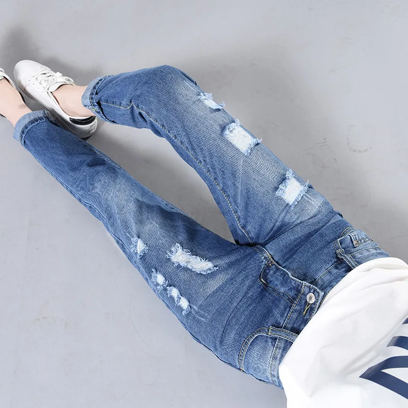 Джинсы женские большого размера с потертостями тонкие свободные прямые штаны в