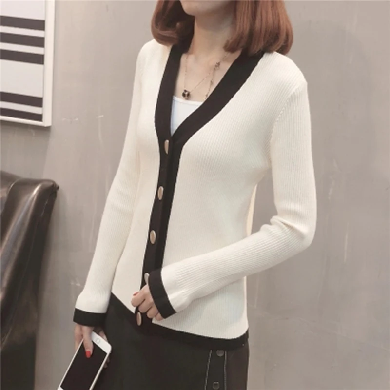 2018 Spring Autumn Flare Sleeve V-Neck Knitted Sweater Cardigan Female Single Breasted Patchwork Slim Women Coat F609 |
