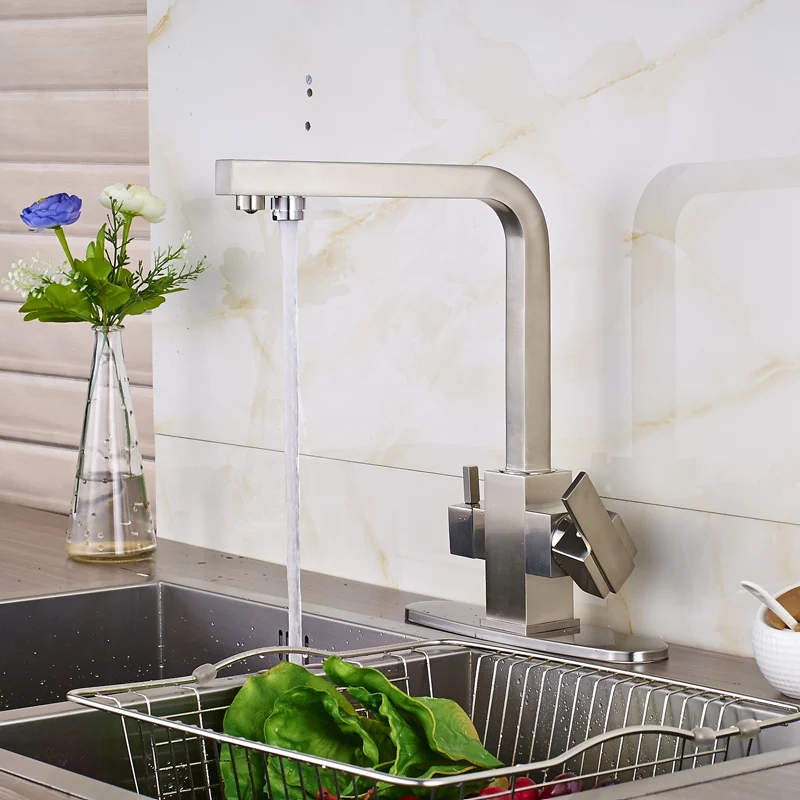 Матовый никелевый смеситель с двойным носиком для чистой воды кухонный 3