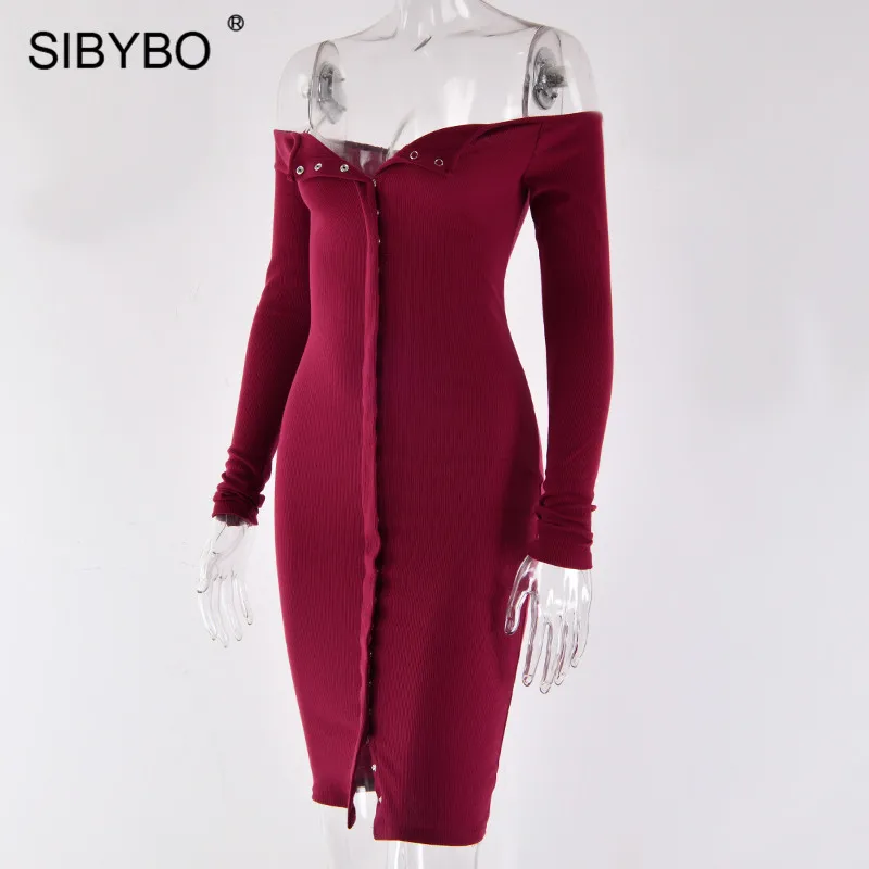 Sibybo, без бретелек, однобортное, сексуальное платье для женщин, осень, с открытыми плечами, с длинным рукавом, повседневное, бодикон, платье с открытой спиной, Клубные, вечерние платья