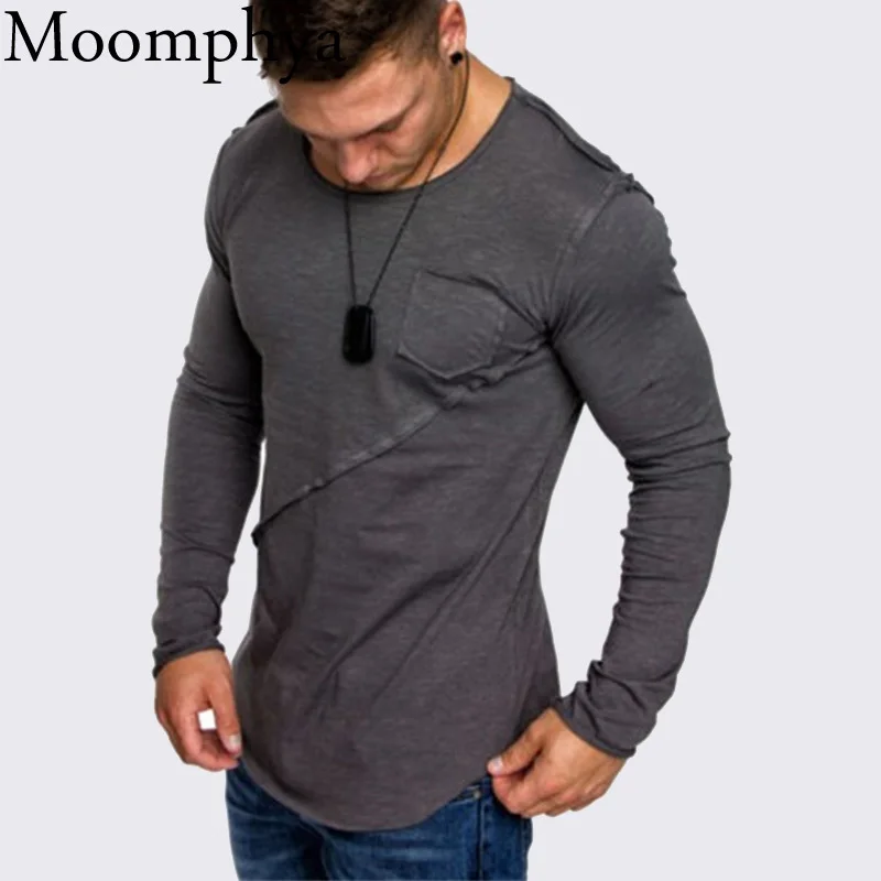 

Moomphya Splicing raw edge t shirt men Chest pocket t-shirt Slim funny tops Hip hop tshirt men camisetas hombre tee shirt homme