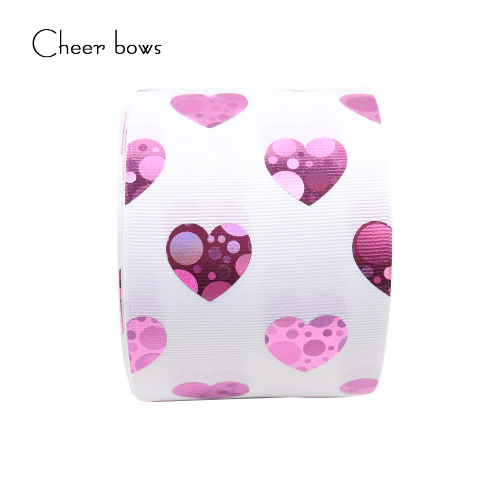 

2Y/lot 3" 75mm Grosgrain Laser Ribbon Cute Pink Heart Printed Tape DIY Hairbows Accessories Wedding Party Decorations