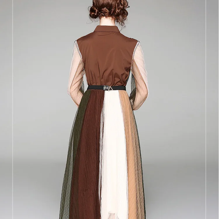 Новое Женское Сетчатое платье в полоску с фальш-вставкой из двух частей, с высокой эластичной талией, с поясом, с вырезами, с рукавами-лепестками, для офиса, для девушек, длинное платье D8D707I