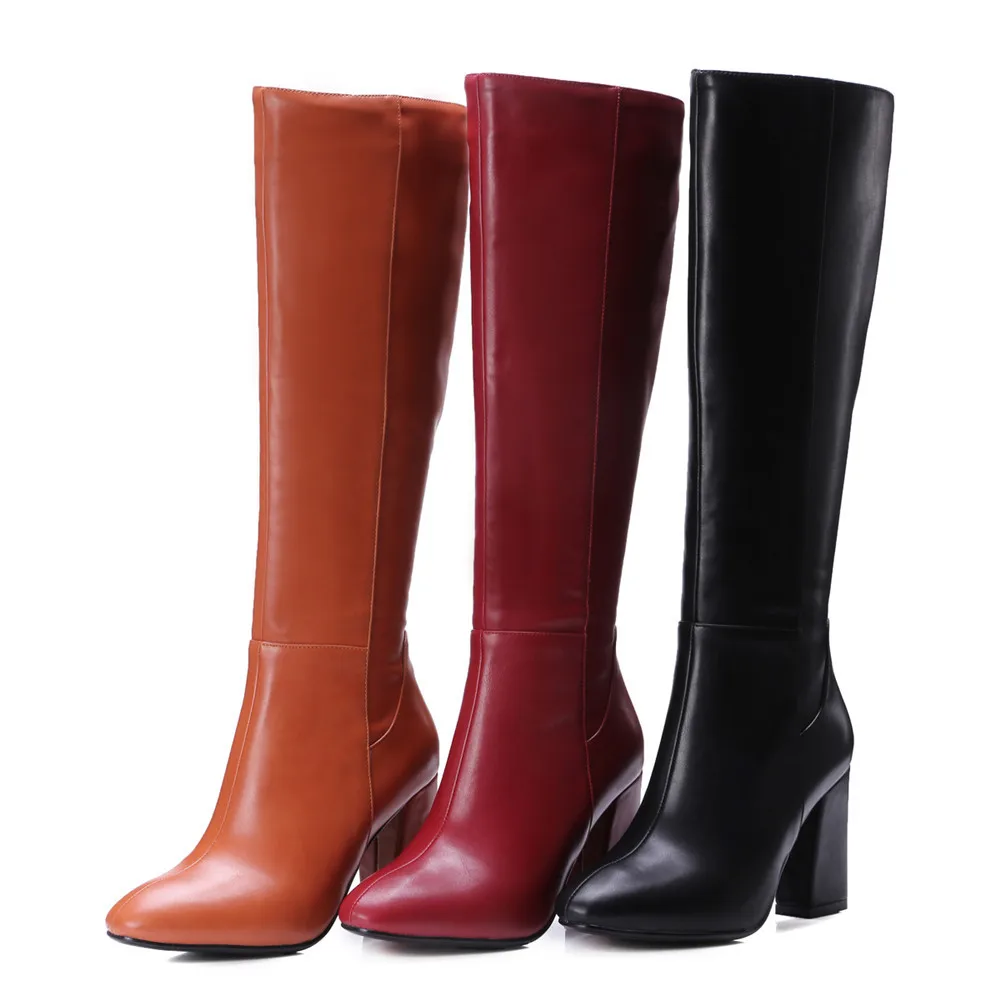 MORAZORA black red women autumn boots square heel zipper ladies high quality pu fashion knee | Обувь