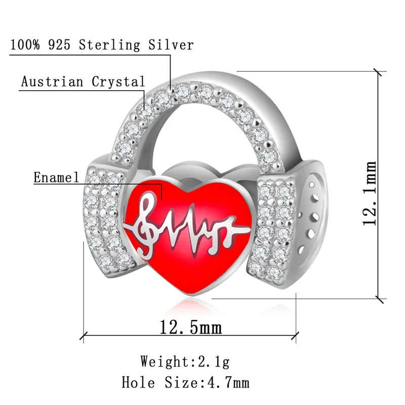 Sambaah Love Music Heartbeats Charm with CZ Stone 925 Sterling Silver Headphone Beads Fit Original Musical Note Bracelet | Украшения и