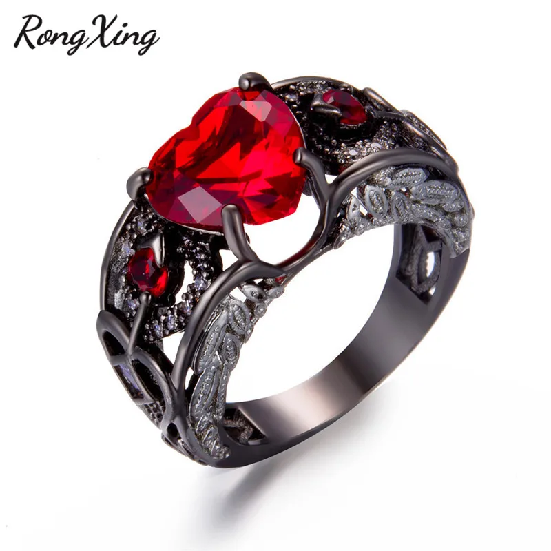 Rongxing старинный камень июня кольцо с красным сердцем для женщин Черное золото
