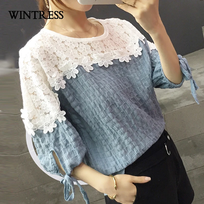 WINTRESS Новое Прибытие Лоскутная Женщины Блузка О-Образным Вырезом Кружева Цветы