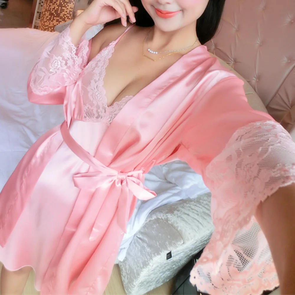 Сексуальная Женская кружевная шелковая атласная ночная рубашка в комплекте с