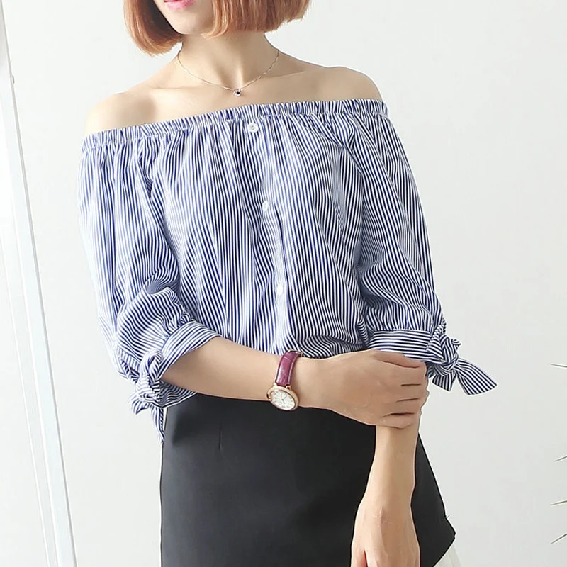 LERFEY Women Summer Blouse Shirt Off Shoulder Tops Female Striped Bow Tie Slash Neck Blouses Sexy Button Shirts Womens Clothing | Женская